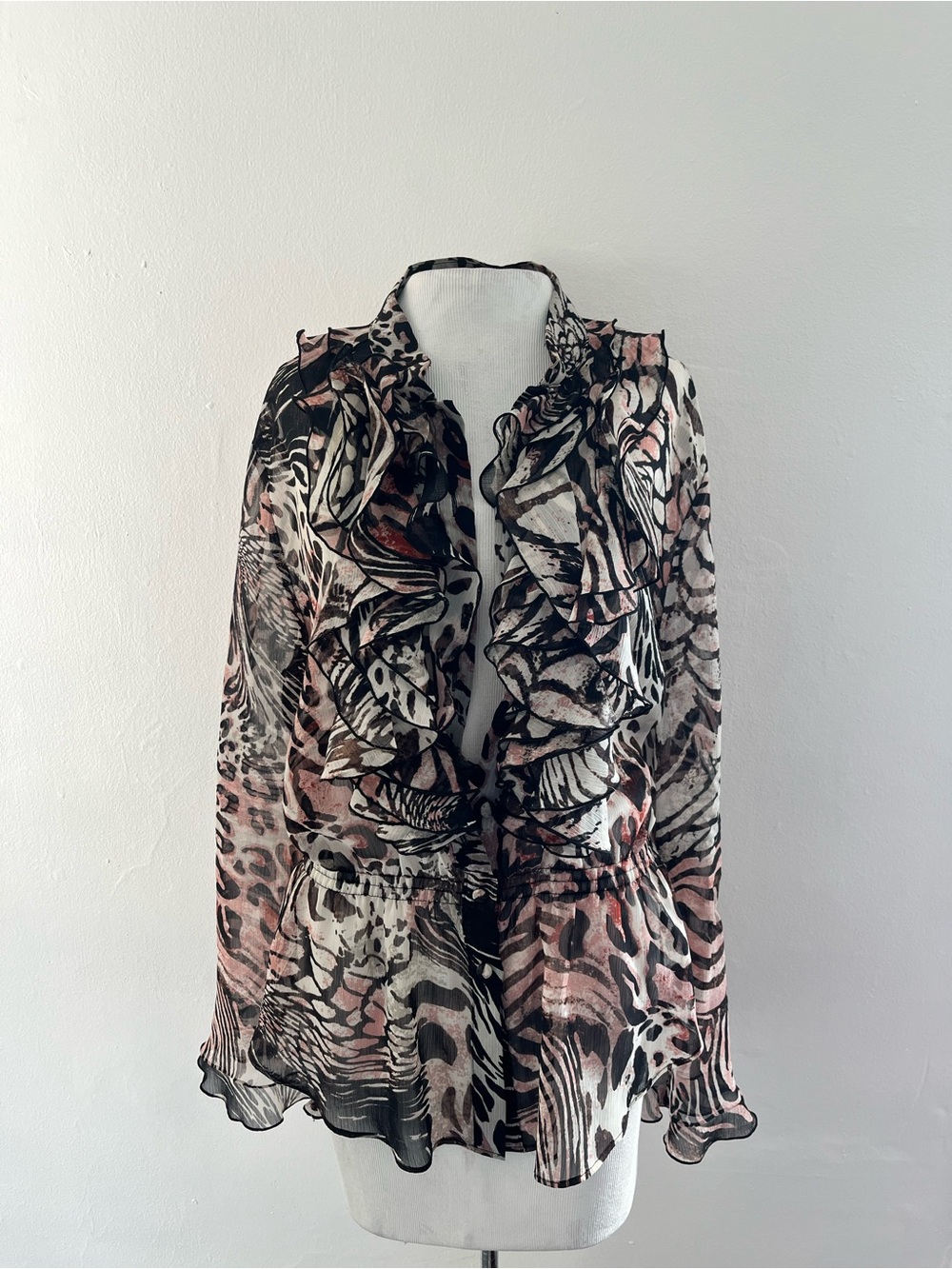 Sheer Ruffled Animal Print Blouse - Pink, Black & Cream